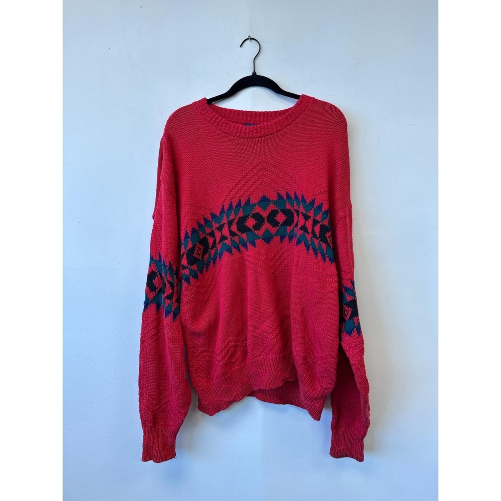 Vintage Lake‎ Harmony Rowing Club Sweater Large Red Aztec Geometric Knit 90s